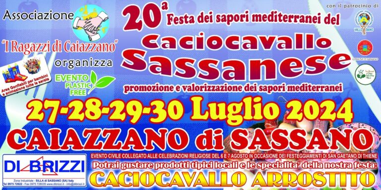 Sassano, da sabato 27 fino a martedì 30 luglio la Festa del Caciocavallo Sassanese in località Caiazzano