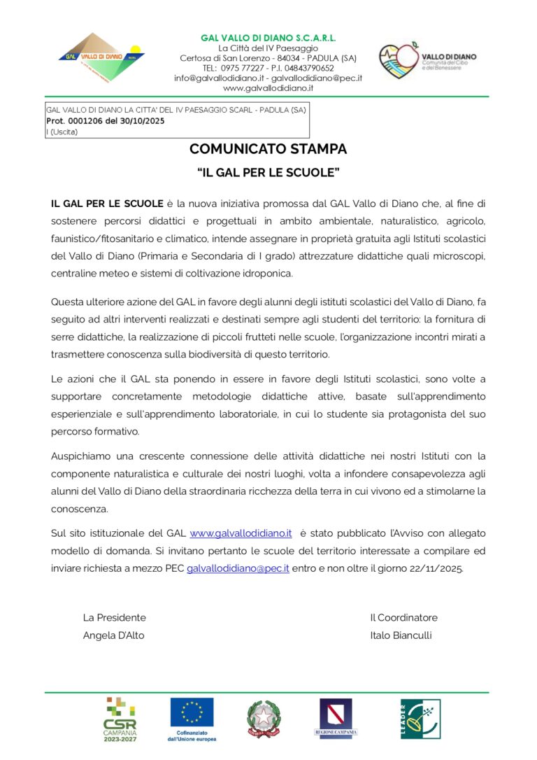 Vallo di Diano, nuova iniziativa del GAL Vallo di Diano a sostegno delle scuole